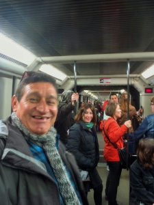 Meeting our brother-in-law (cuñado) and his wife (concuña) on the Metro - can you tell which guy came all the way from Yucatan ?